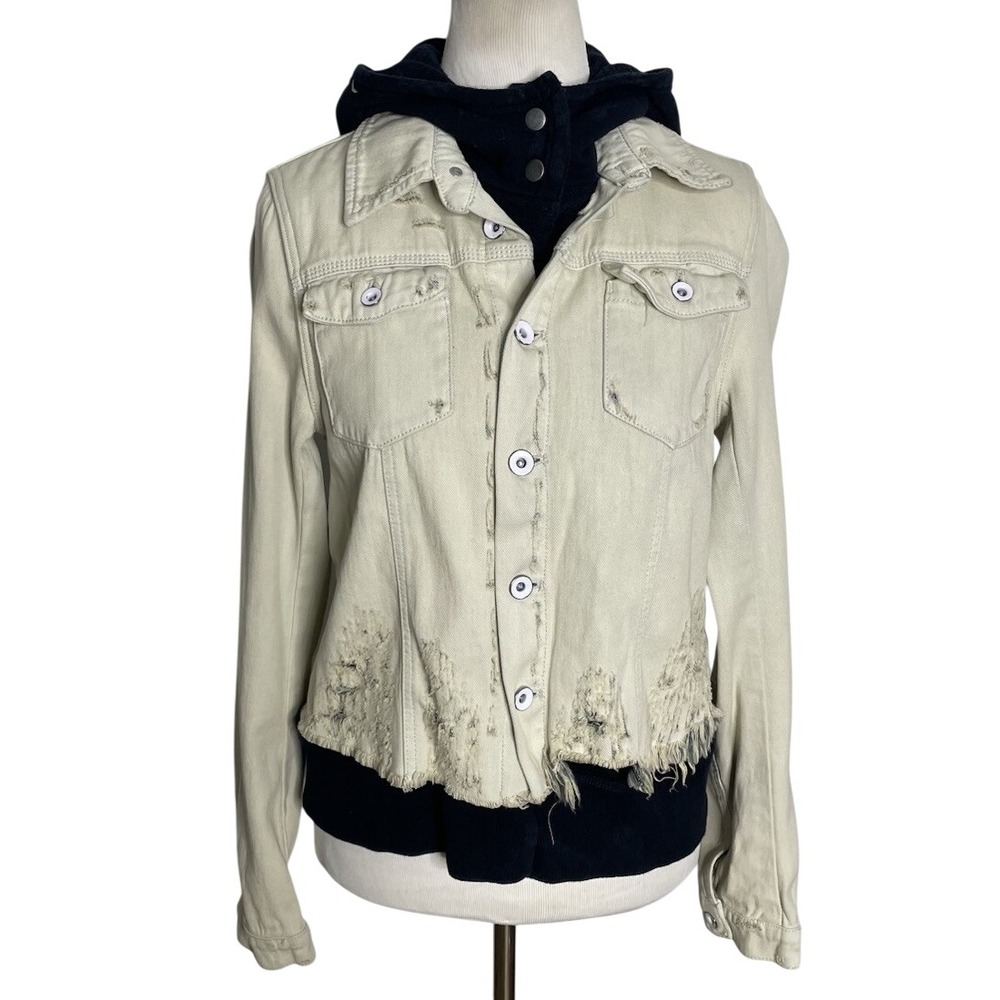 Free People Double Weave Light Denim Distressed Jacket Navy Hoodie Insert Small - Picture 2 of 5